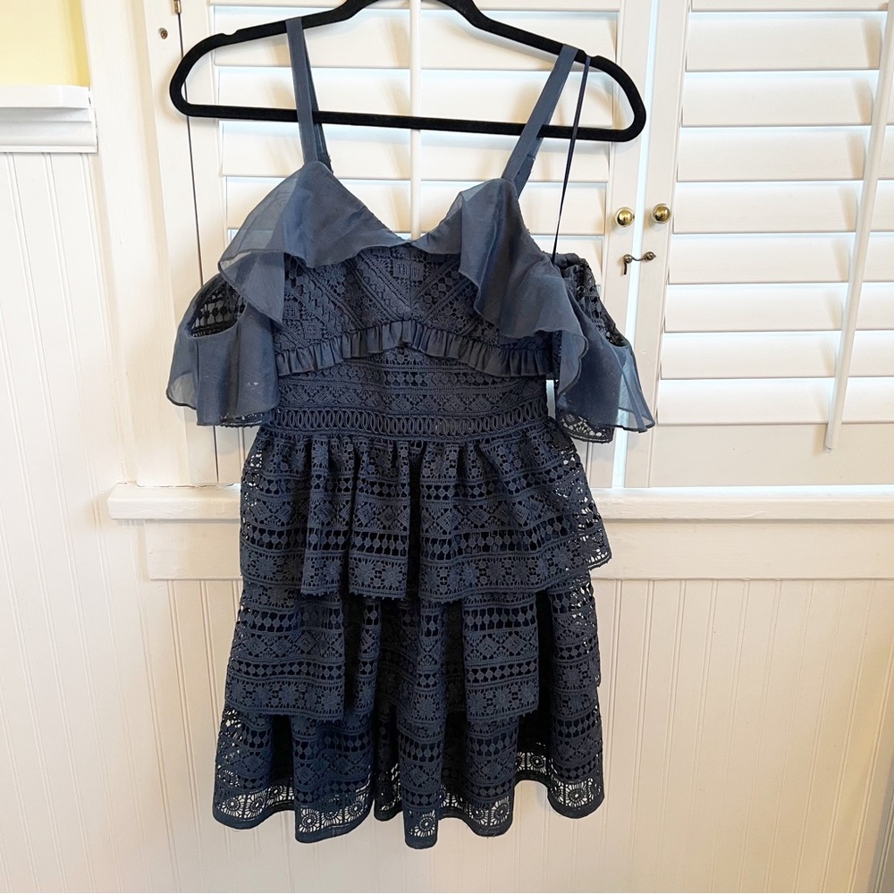 Two Sisters the Label NWT Slate Blue Olivia Ruffle & Lace Mini Dress US Size 2